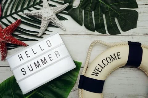 Hello Summer text in light box with green leave, starfish and lifebuoy decora Stock Photos