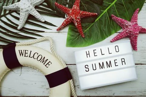 Hello Summer text in light box with green leave, starfish and lifebuoy decora Stock Photos