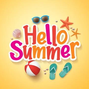 Hello Summer Text Title Poster Design with Realistic 3D Vector Stock Illustration