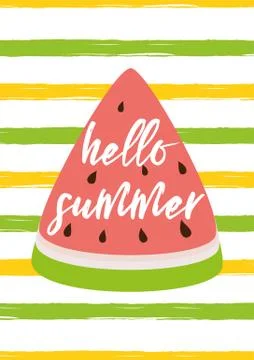 Hello summer text on the watermelon green yellow striped background bright su Stock-Illustration