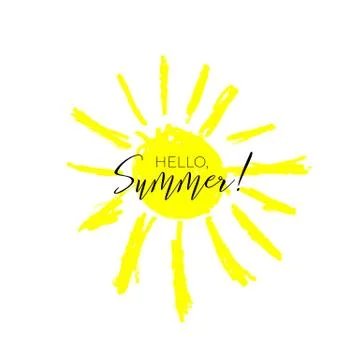 Hello, summer text on yellow hand drawn sun. Vector illustration. Stock Illustration
