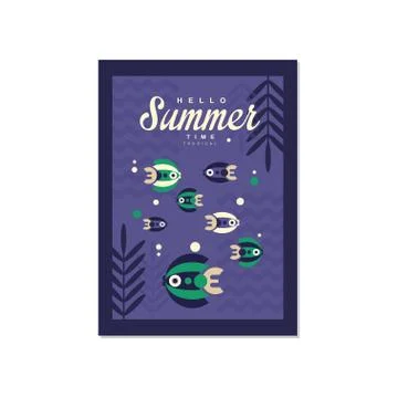 Hello summer time banner template, trendy seasonal background with sea fish for Stock Illustration