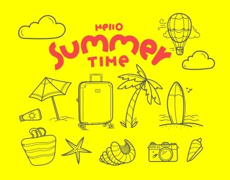 Hello summer time doodle vector elements with lettering inscription Stock Illustration