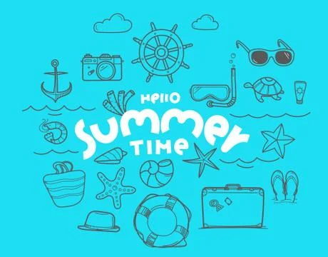 Hello summer time doodle vector elements with lettering inscription Stock Illustration