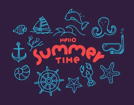 Hello summer time doodle vector elements with lettering inscription Stock Illustration