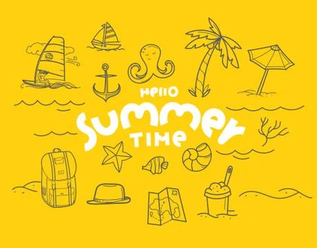 Hello summer time doodle vector elements with lettering inscription Stock Illustration