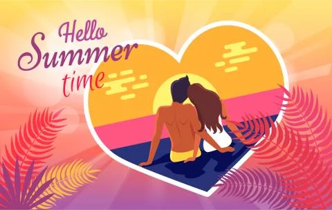 Hello Summer Time Poster with Couple in Love on Beach Ilustração Stock