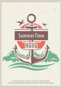 Hello summer time vector retro poster design template Stock Illustration
