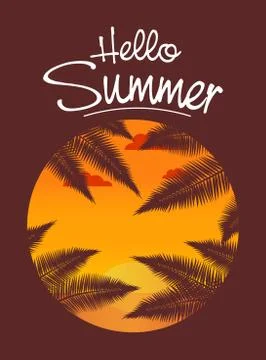 Hello Summer tropical banner. A sunset on the sandy beach with palm tree leav Stock Illustration
