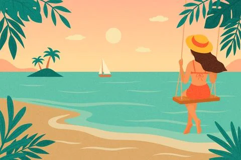 Hello Summer. Tropical Beach Sunset Vector Illustration. Tropical Landscape with Illustrazione stock