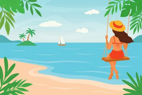 Hello Summer. Tropical Beach Sunset Vector Illustration. Tropical Landscape with Illustrazione stock