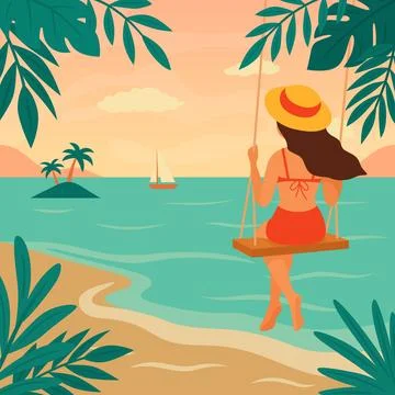 Hello Summer. Tropical Beach Sunset Vector Illustration. Tropical Landscape with Illustrazione stock