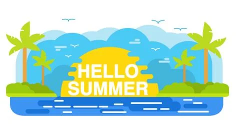 Hello Summer tropical island.Summertime beach palm tree. Stock Illustration