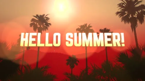 Hello Summer with tropical palms and red sunset Stock Footage 166370851