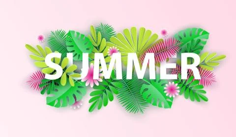 Hello summer typographic design with abstract forms of paper cutting Stock Illustration