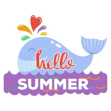 Hello Summer typographic logo sign on withe background. Sea plants, sun, beach Illustrazione stock
