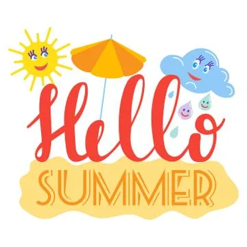 Hello Summer typographic logo sign on withe background. Sea plants, sun, beach Stock Illustration