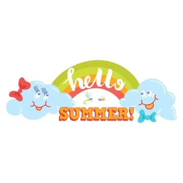 Hello Summer typographic logo sign on withe background. Sea plants, sun, beach Stock Illustration