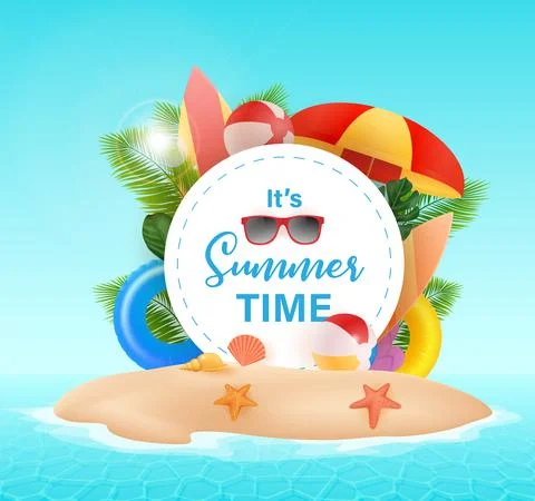 Hello Summer typographic on withe circle background. Tropical plants, beach ball 스톡 일러스트