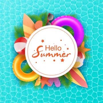 Hello Summer typographic on withe circle background. Tropical plants, flower Stock Illustration