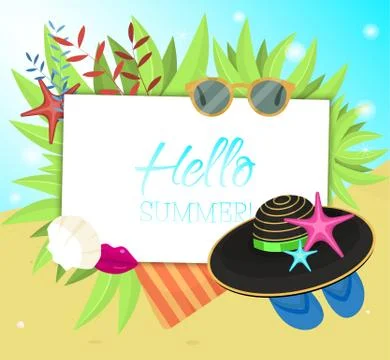Hello Summer typographic on withe square background. Sea plants, starfish, beach Ilustração Stock