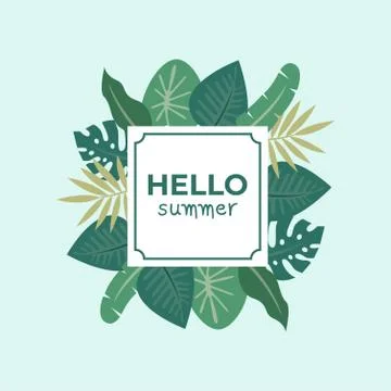 Hello Summer typographical background with tropical plants Stock Illustration
