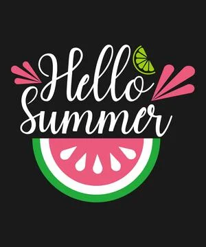 Hello Summer Typography with Watermelon and Lime Graphic Stock Illustration