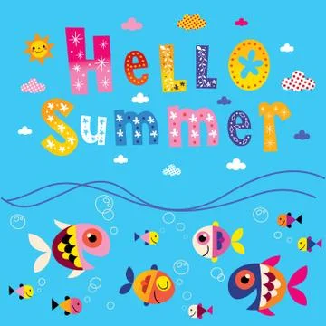 Hello summer unique lettering design with fish, sea, clouds, sun Illustrazione stock