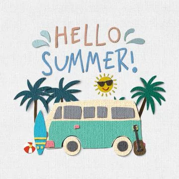Hello Summer vacation time theme background. Paper cut texture style Vector E Stock Illustration