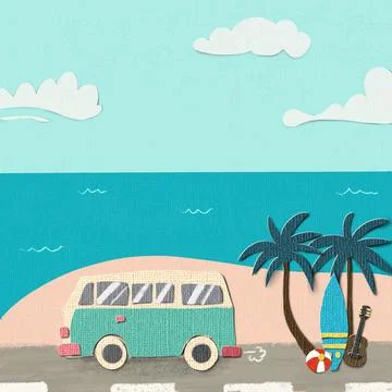 Hello Summer vacation time theme background. Paper cut texture style Vector E Stock Illustration