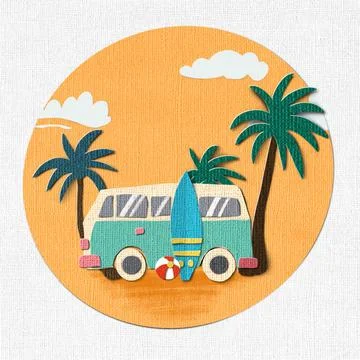 Hello Summer vacation time theme background. Paper cut texture style Vector E Stock Illustration
