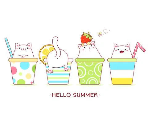 Hello summer. Vacations card with cute cats in cocktail cups Stock Illustration