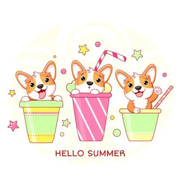 Hello summer. Vacations card with cute corgi dog in cocktail cups Stock Illustration