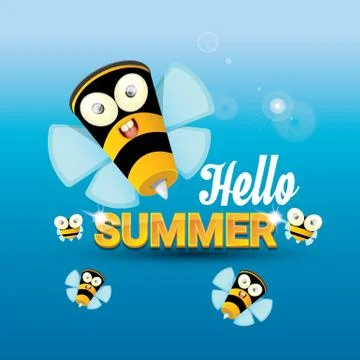 Hello summer vector background. funny cartoons bee Illustrazione stock