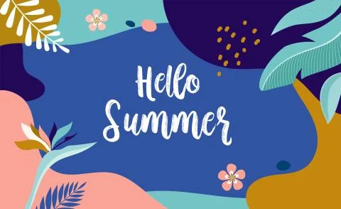 Hello Summer, vector banner design with flamingo and tropical leaves 스톡 일러스트