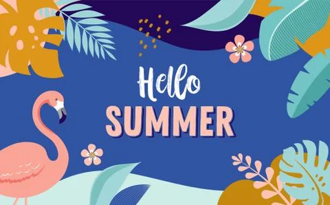 Hello Summer, vector banner design with flamingo and tropical leaves Stock Illustration