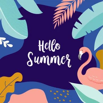 Hello Summer, vector banner design with flamingo and tropical leaves Stock Illustration