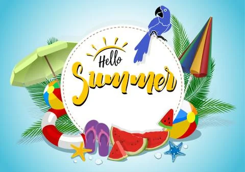 Hello Summer Vector Banner Design with Colorful Elements Stock Illustration