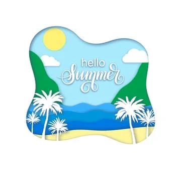 Hello Summer vector banner with palm tree and sea. Stock Illustration
