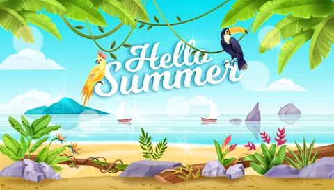 Hello summer vector beach landscape, tropical birds, toucan, parrot, liana イラスト素材
