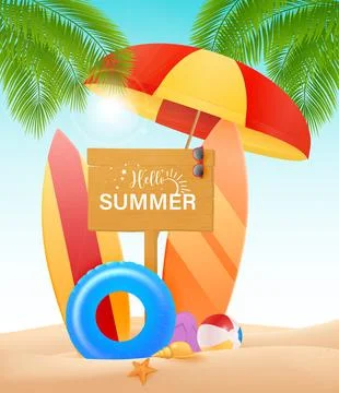 Hello summer vector design concept. Wooden sign board with hello summer text and Illustrazione stock