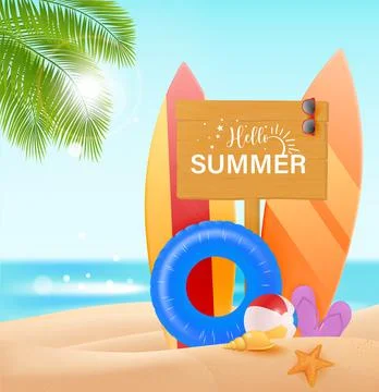 Hello summer vector design concept. Wooden sign board with hello summer text and Stock Illustration