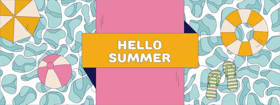 Hello summer vector design. retro text in pool of water with beach elements.. Stock Illustration