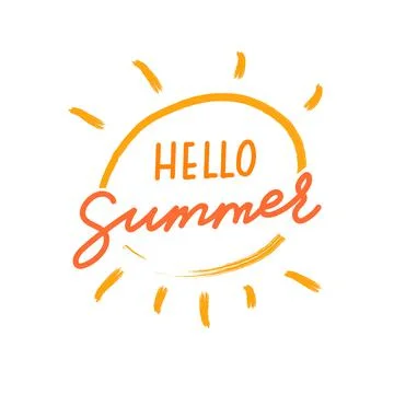 Hello Summer vector handwritten lettering quote. Yellow sun with calligraphy Stock Illustration