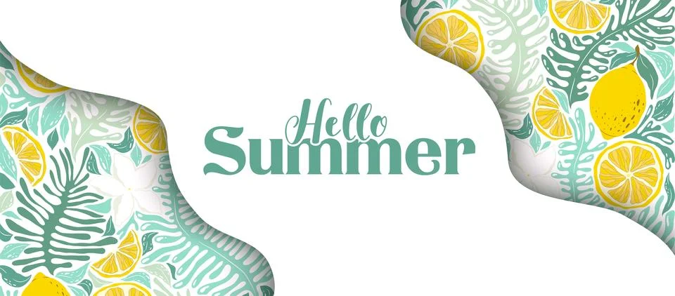 Hello Summer vector illustration with abstract plants, exotic flowers and l.. Illustrazione stock