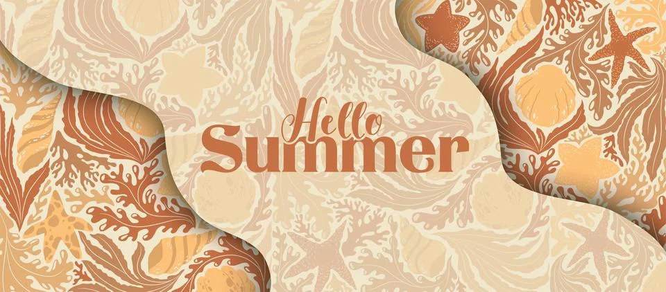Hello Summer vector illustration with abstract ocean plants, seashells, sea.. Stock Illustration