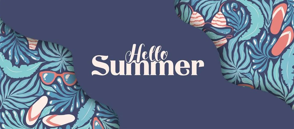 Hello Summer vector illustration with abstract tropical plants and beach at.. Stock Illustration