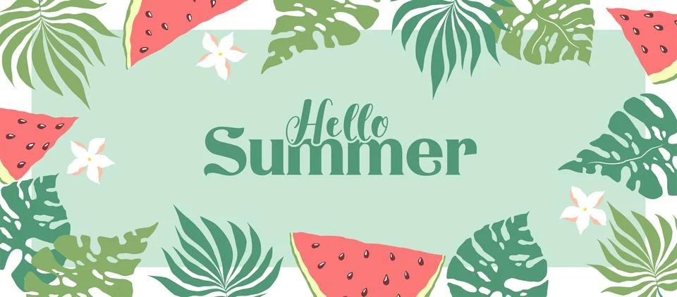 Hello Summer vector illustration with abstract tropical plants and watermel.. Stock Illustration
