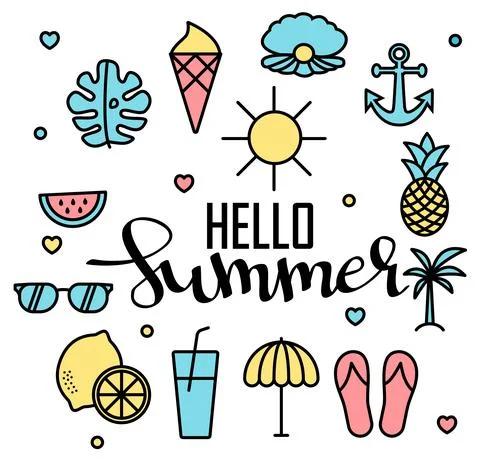 Hello Summer vector illustration, background. Fun quote hipster design logo o Stock Illustration