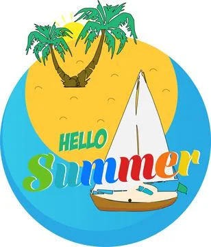Hello summer vector illustration with boat, island and palms Stock Illustration